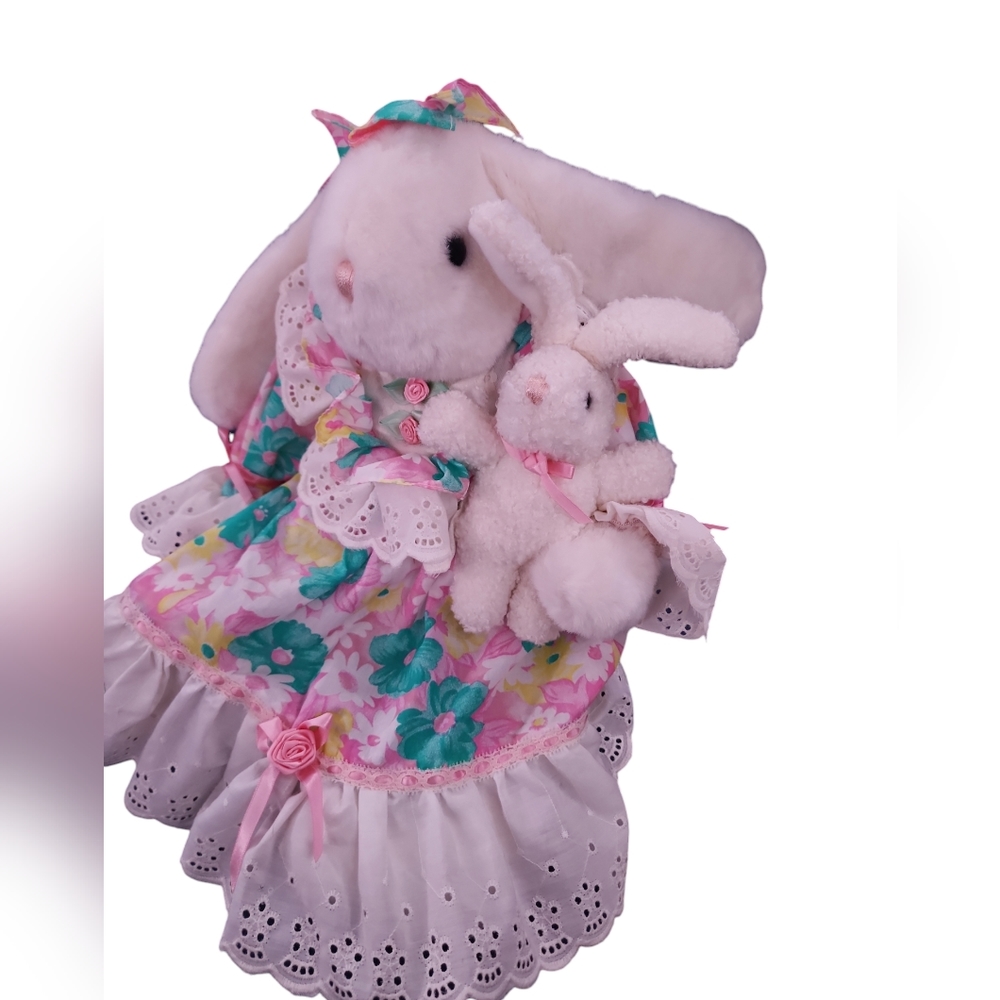 Bunny 24"  Vintage Dan Dee Easter Bunny Rabbit and Baby Bunny Plush Floral Dress